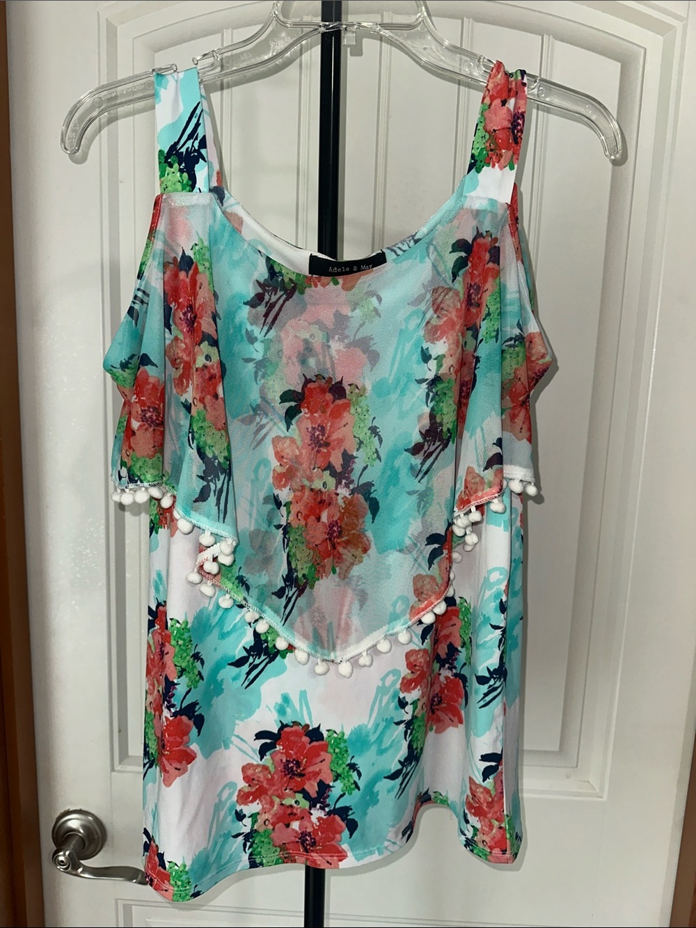 Adele & May Aqua Floral Cold-Shoulder Camisole with Pom-Pom Trim size S